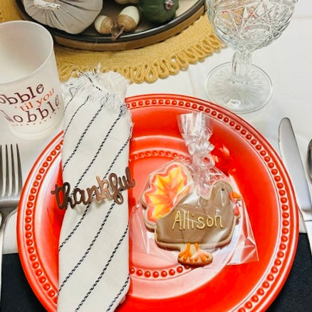 Thanksgiving Placecard Cookies – Personalized Turkey Sugar Cookies with Gold Lettering