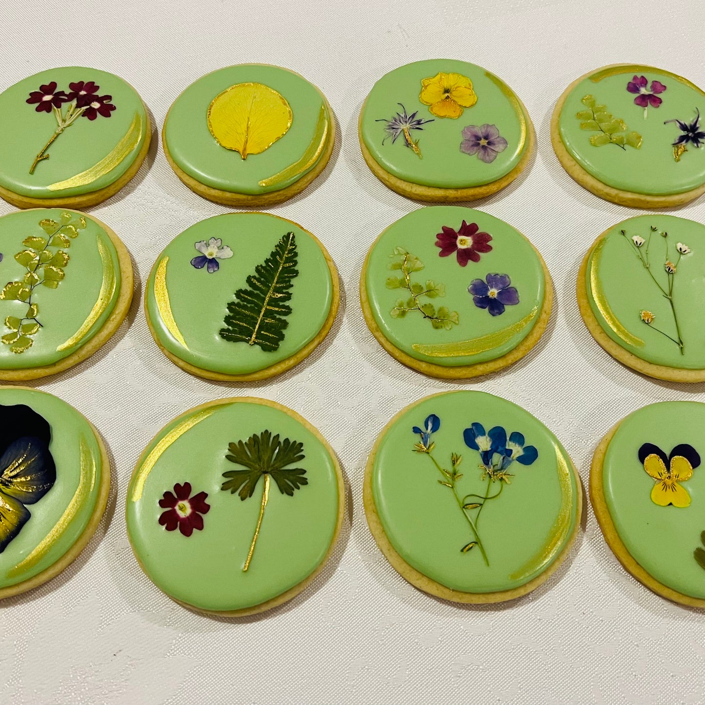 Pressed Flower Wedding Cookies with Gold Detailing