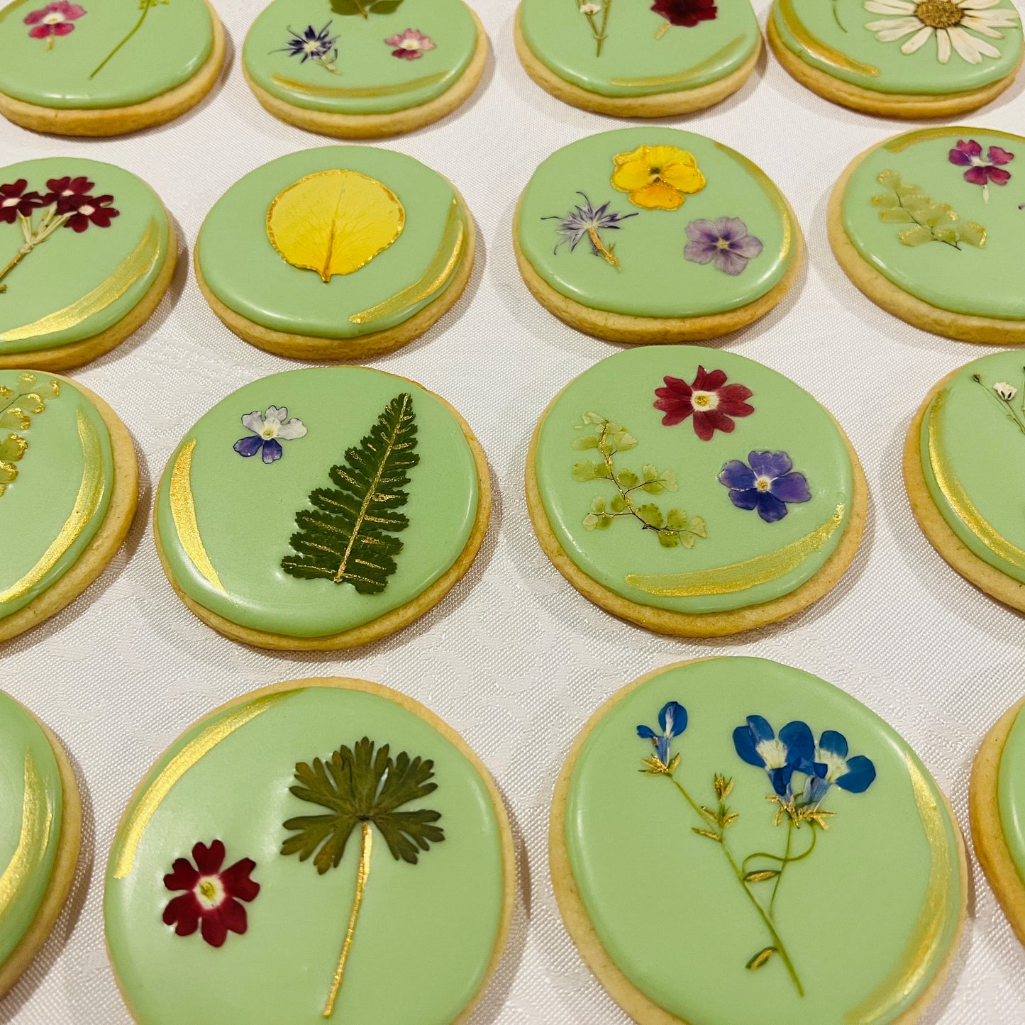 Pressed Flower Wedding Cookies with Gold Detailing