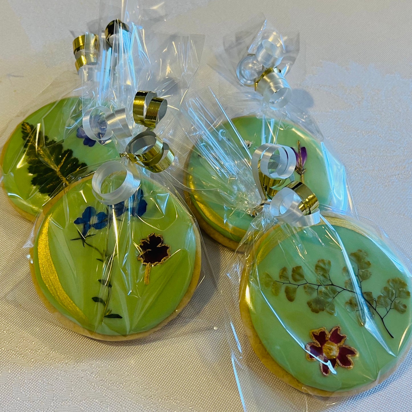 Pressed Flower Wedding Cookies with Gold Detailing