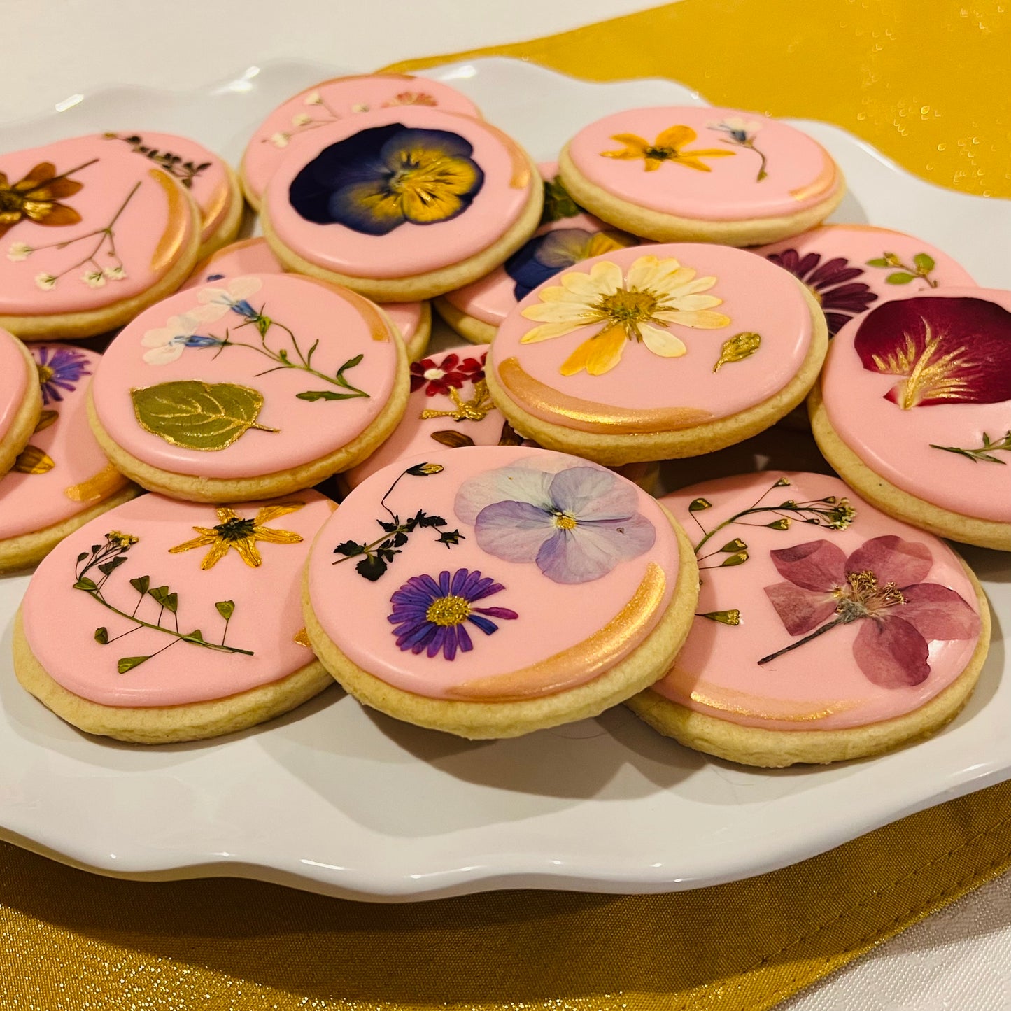 Pressed Flower Wedding Cookies with Gold Detailing