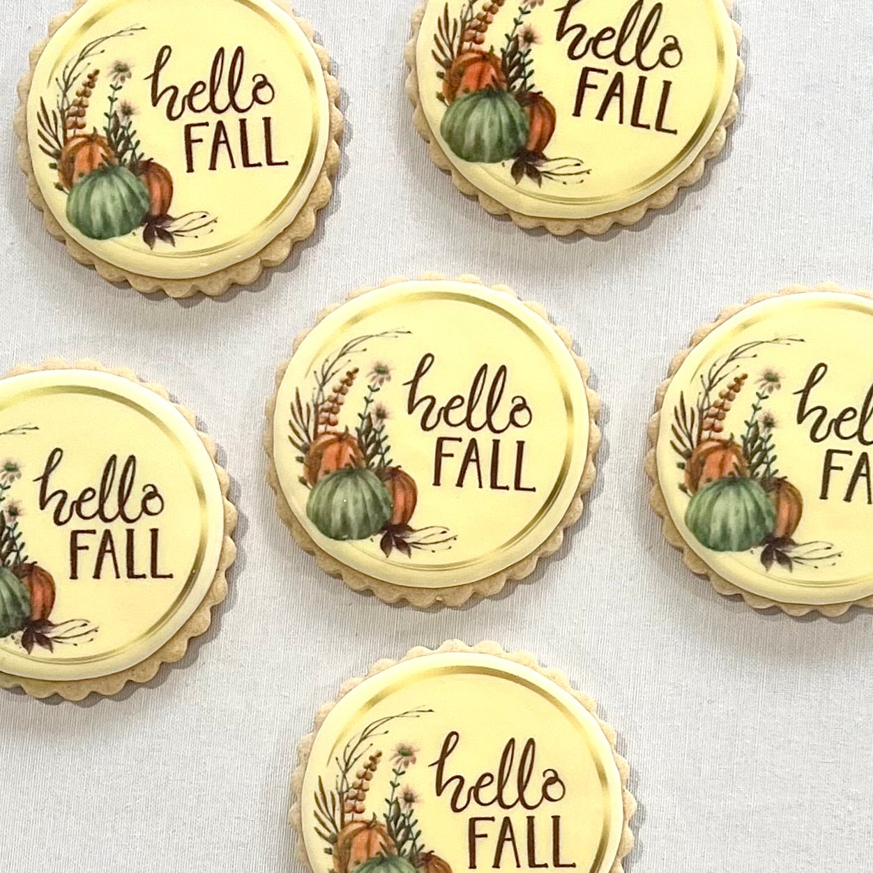Hello Fall” Cookies – Printed Fall Sugar Cookies with Pumpkins & Foliage