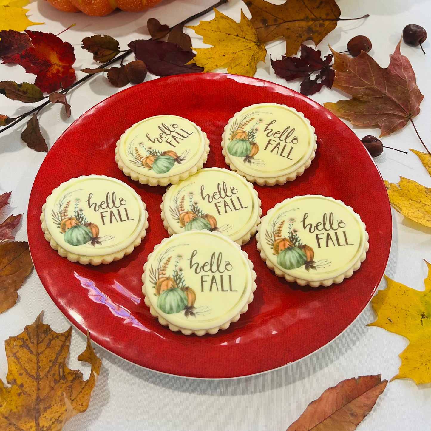 Hello Fall” Cookies – Printed Fall Sugar Cookies with Pumpkins & Foliage
