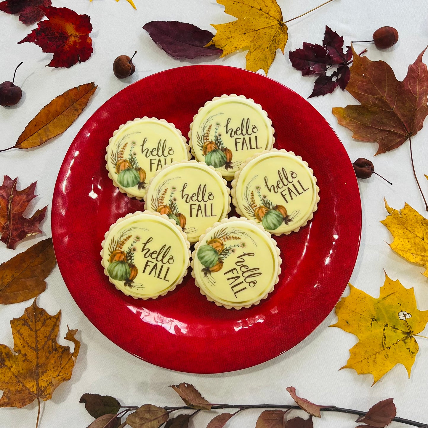 Hello Fall” Cookies – Printed Fall Sugar Cookies with Pumpkins & Foliage