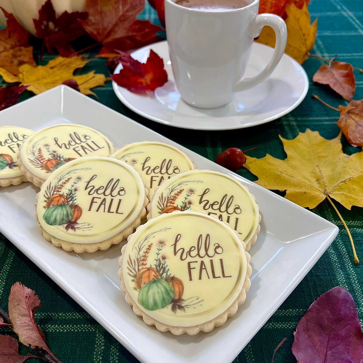 Hello Fall” Cookies – Printed Fall Sugar Cookies with Pumpkins & Foliage
