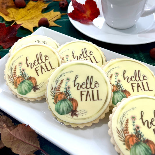 Hello Fall” Cookies – Printed Fall Sugar Cookies with Pumpkins & Foliage