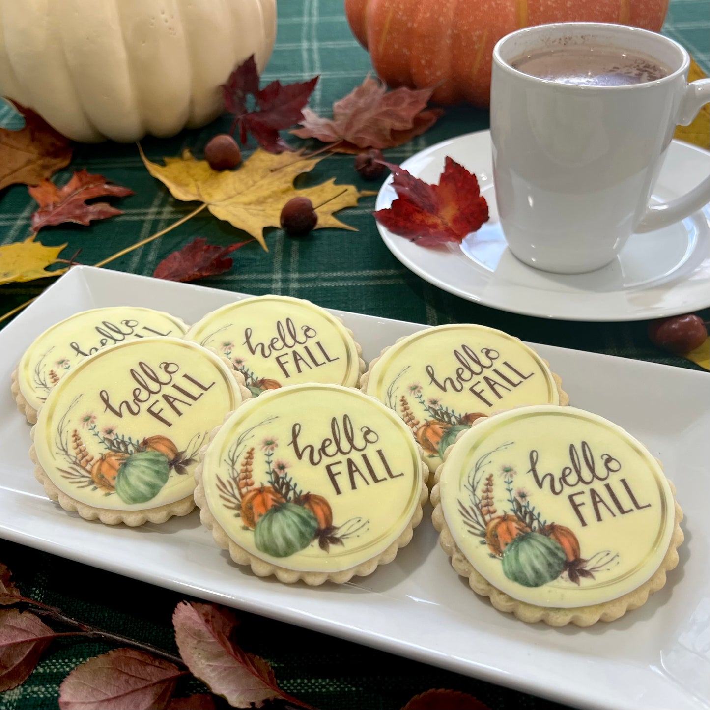 Hello Fall” Cookies – Printed Fall Sugar Cookies with Pumpkins & Foliage