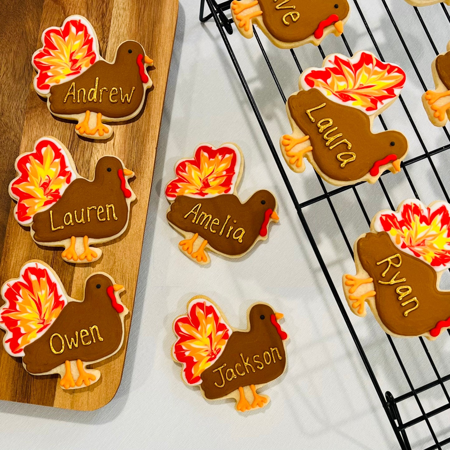 Thanksgiving Placecard Cookies – Personalized Turkey Sugar Cookies with Gold Lettering