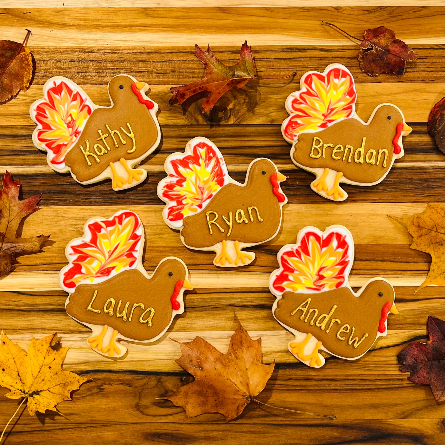 Thanksgiving Placecard Cookies – Personalized Turkey Sugar Cookies with Gold Lettering