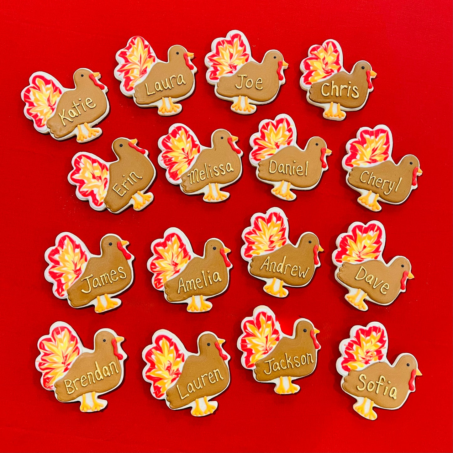 Thanksgiving Placecard Cookies – Personalized Turkey Sugar Cookies with Gold Lettering