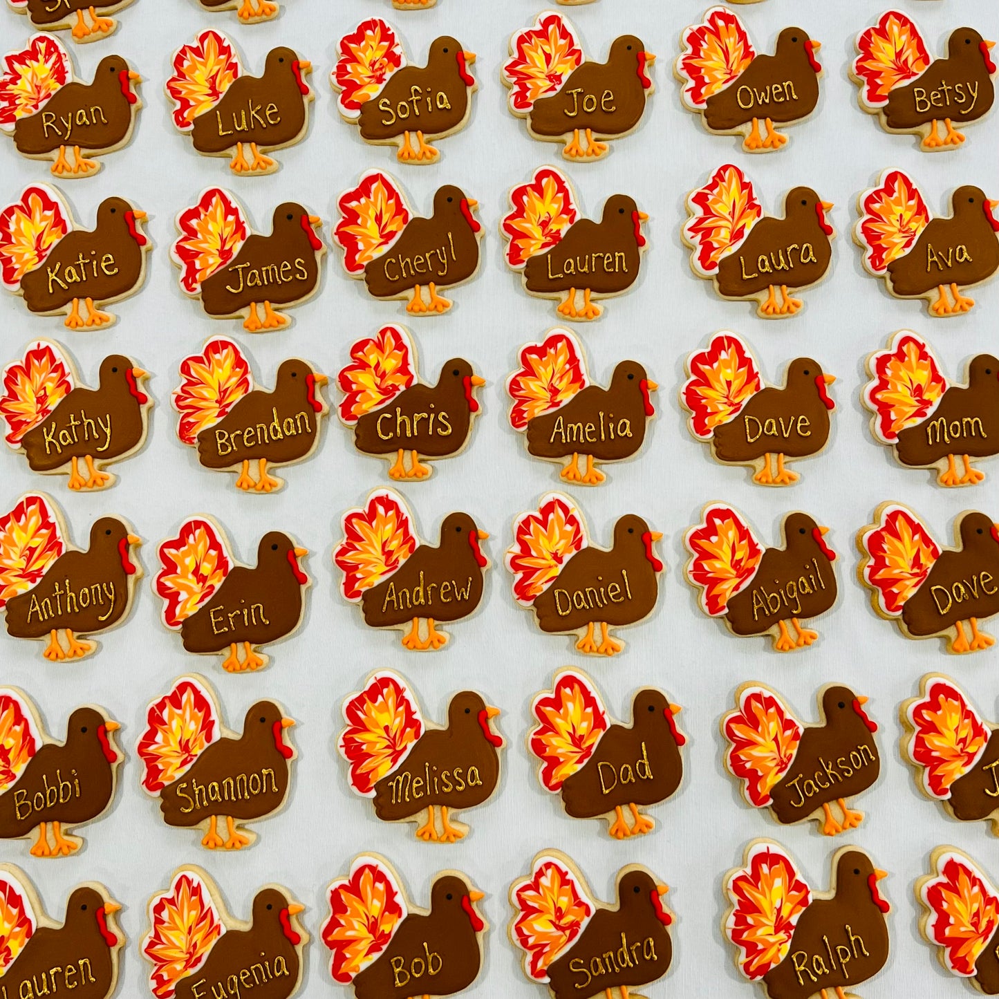Thanksgiving Placecard Cookies – Personalized Turkey Sugar Cookies with Gold Lettering