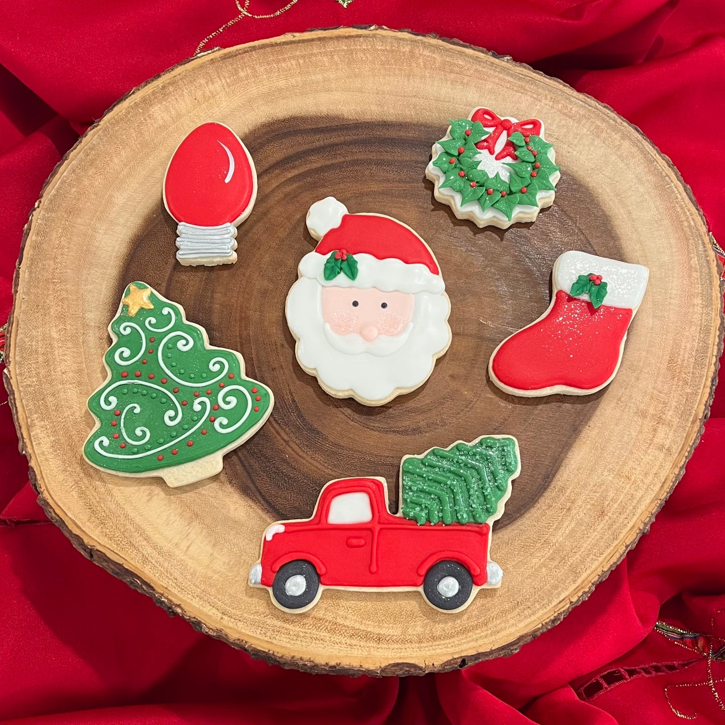 Christmas Cookie Set – Santa, Tree, Truck with Tree, Wreath, Stocking & Sparkle Light Bulb