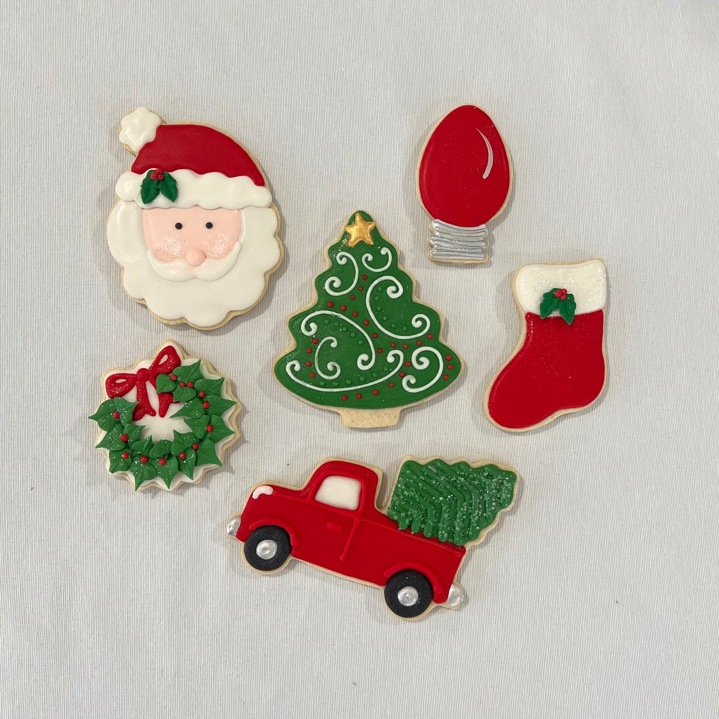 Christmas Cookie Set – Santa, Tree, Truck with Tree, Wreath, Stocking & Sparkle Light Bulb