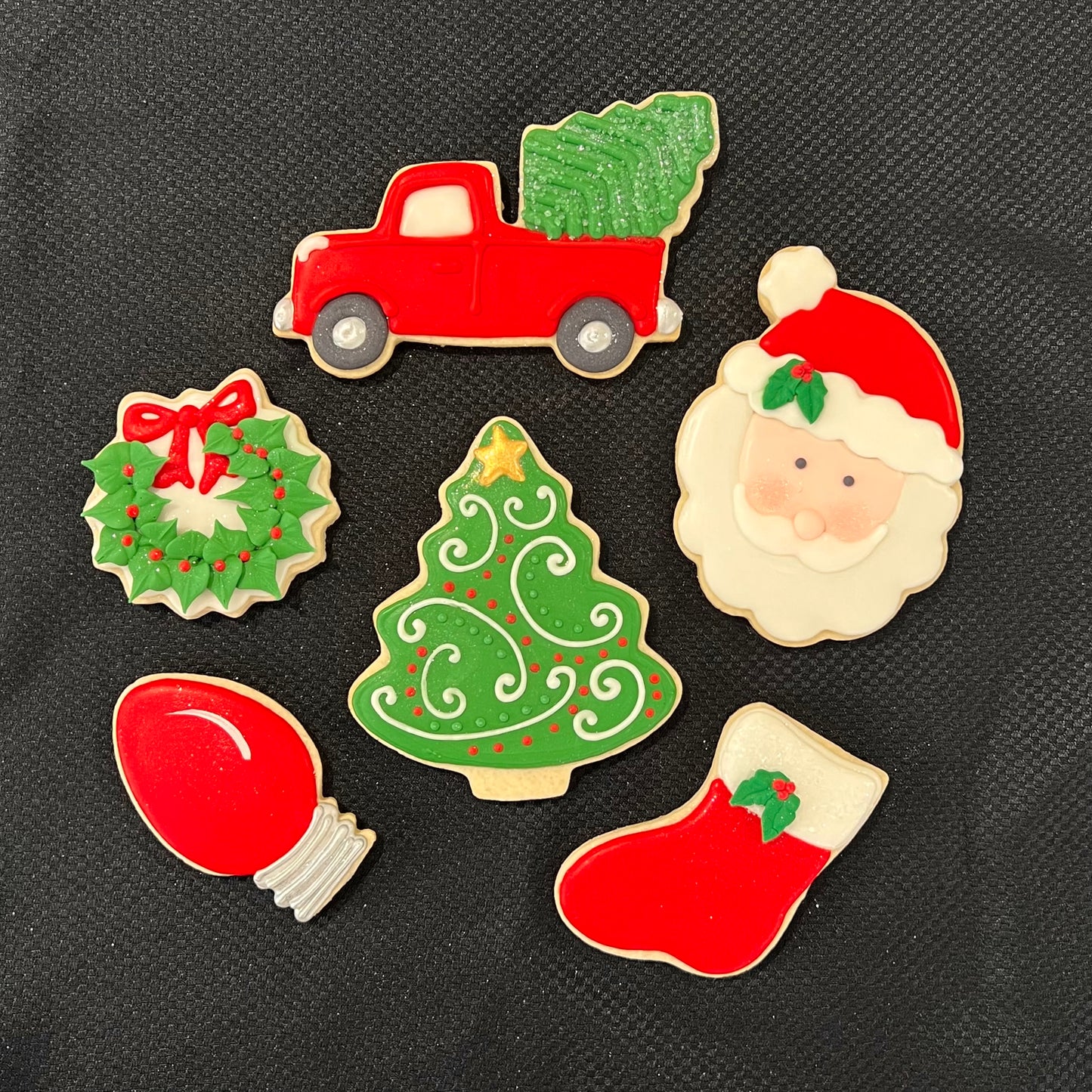 Christmas Cookie Set – Santa, Tree, Truck with Tree, Wreath, Stocking & Sparkle Light Bulb
