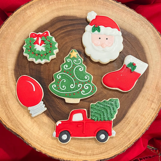 Christmas Cookie Set – Santa, Tree, Truck with Tree, Wreath, Stocking & Sparkle Light Bulb