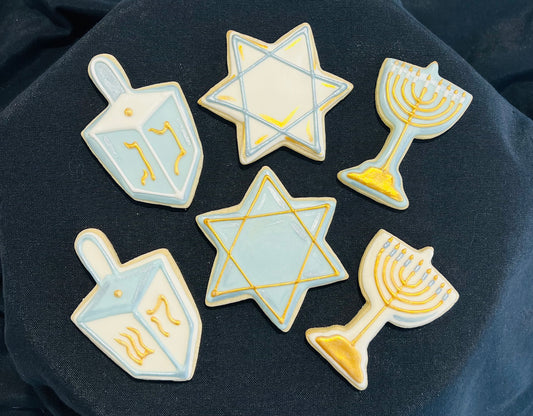 Hanukkah Cookie Set – Star of David, Dreidel & Menorah Cookies with Hand-Painted Gold