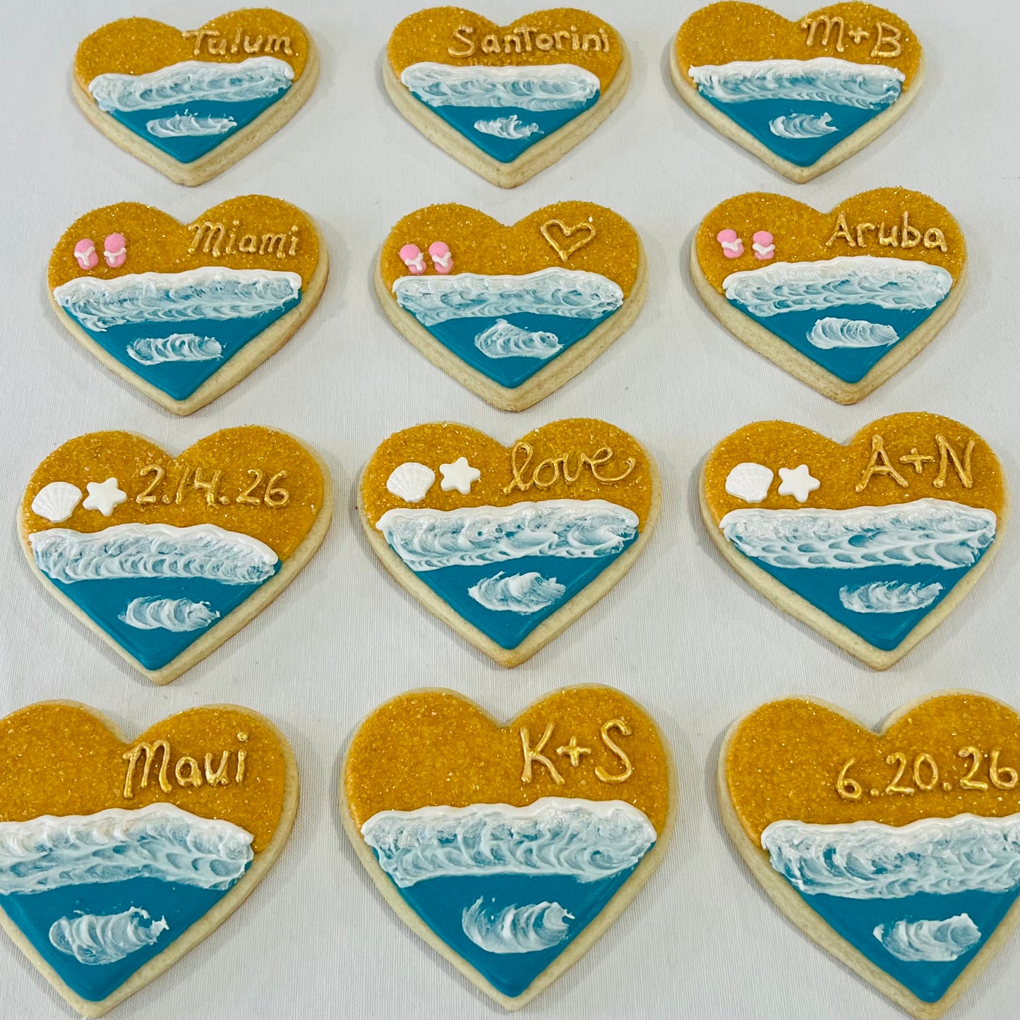 Elegant Beach Wedding Heart Sugar Cookies
